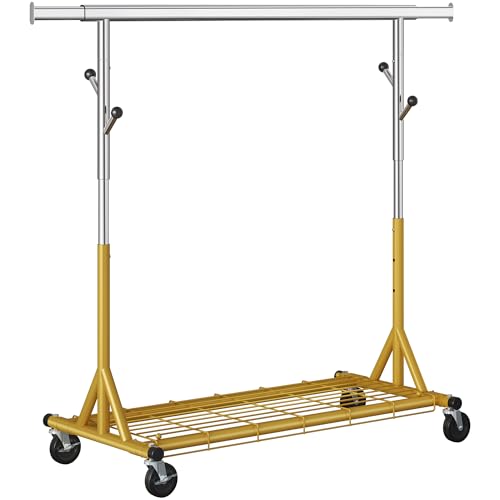 Gewudraw Clothes Rack Heavy Duty 530 LBS Capacity, Portable, Foldable, Gold | Rolling Clothing Rack With 4" Wheels,Shelf, Hooks, Adjustable, Collapsible, Garment Rack for Wardrobe,Bedroom, Laundry Room - color: Gold, style: Single Rod