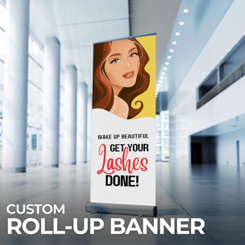 Lashes & Brows Retractable Stand Banner by DC | 33"x81" Roll-Up Display | Wake Up Beautiful Get Your Lashes Done Vertical Pull-Up Banner for Trade Shows & Events | Made in USA | (Stand Not Included) - color: Wake Up Beautiful Get Your Lashes Done, size: R