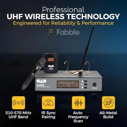 CAD Audio WX1000BP Wireless Bodypack Microphone System (510-570 MHz) Bundle with TX1000HH Handheld Microphone Transmitter, Lavalier Mic, Headset Mic, and 1/4" Guitar Cable for Stage & Vocals