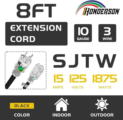 8 Ft Black Outdoor Extension Cord with Lighted End Weatherproof 10 Gauge | UL Certified 10/3 SJTW Cable, 15A Rated, Suitable for Heavy Duty Tools, Garden and Outdoor Use - size: 8FT, style: 10/3