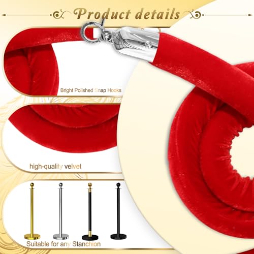 2PCS Red Velvet Stanchion Rope 5 Ft Crowd Control Ropes Barrier with Silver Hooks for Party - color: Red&Silver, size: 2PCS