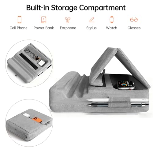 Tablet Pillow Stand with Storage, Foldable iPad Holder for Lep, Bed, Sofa, and Desk - Soft Pad Dock with Pocket and Stylus Mount Compatible with 4-13" iPad Pro/Air/Mini, Galaxy Tab, Kindle - color: Gray