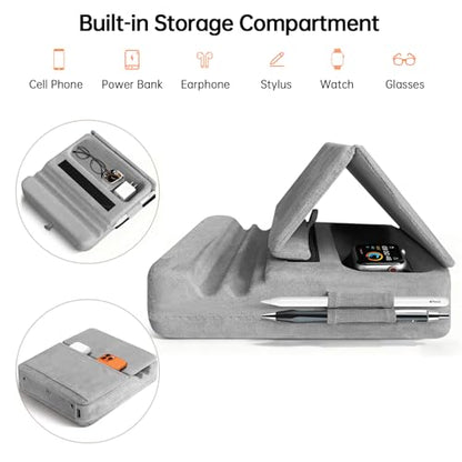 Tablet Pillow Stand with Storage, Foldable iPad Holder for Lep, Bed, Sofa, and Desk - Soft Pad Dock with Pocket and Stylus Mount Compatible with 4-13" iPad Pro/Air/Mini, Galaxy Tab, Kindle - color: Gray