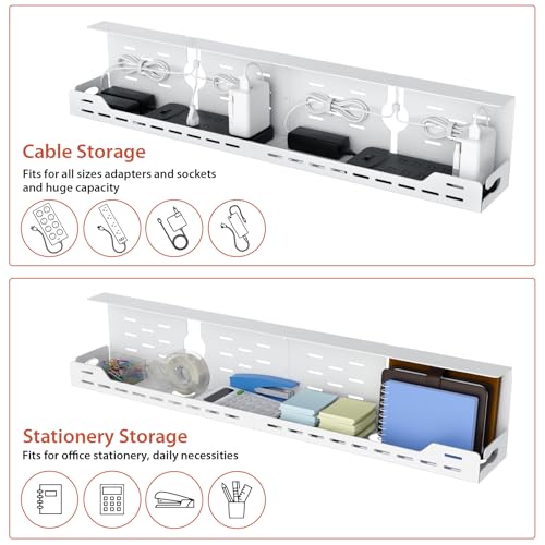 Univivi Under Desk Cable Management Tray, Cable Management, 32 inch, White | Durable Steel Material, Under Desk Cable Tray with No-Drill C-Clamp and Screw Mount, Wire Management for Office/Home - color: White, size: 32"