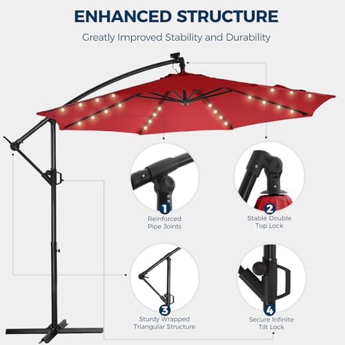 10FT Solar LED Cantilever Patio Umbrella with Base Included, Red | Premium 220GSM Solution-Dyed Fabric, 5-Year Fade-Resistant, 30 MPH Windproof, 45° Infinite Tilt and Crank for Outdoor Pool - color: Red
