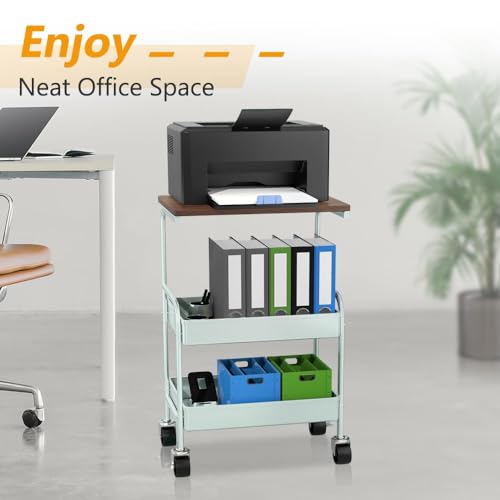 Rolling Cart with Wooden Tabletop, 3 Tier Metal Utility Cart, Rolling Storage Organizer Cart with Lockable Wheels for Kitchen, Office, Bedroom (Green) - color: Green