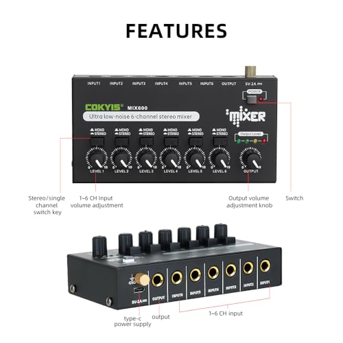 COKYIS Mini Audio Mixer, 6-Channel Stereo Line Mixer for Precision Sub-Mixing, with Ultra Low-Noise Operation, Independent Microphone Control, 1/4" TRS Input/Output-for Guitars, Bass, Stage Mixer