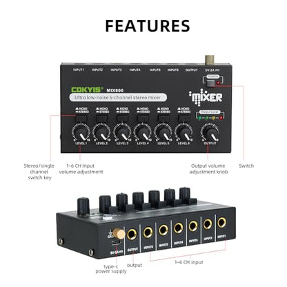 COKYIS Mini Audio Mixer, 6-Channel Stereo Line Mixer for Precision Sub-Mixing, with Ultra Low-Noise Operation, Independent Microphone Control, 1/4" TRS Input/Output-for Guitars, Bass, Stage Mixer