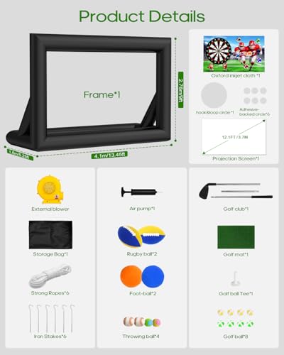 3-in-1 16FT Inflatable Projector Screen - Outdoor Movie Screen, Dart Board and Football Target with 180W Blower, Front/Rear Screen for Celebration & Outside Movie Night - size: 16FT
