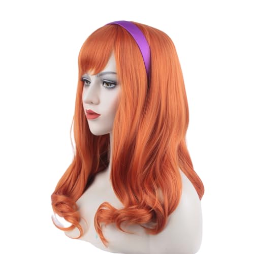 Long Curly Orange Daphne Wig Halloween Costume Party Wig for Adult (Free Purple Headband) - color: Orange