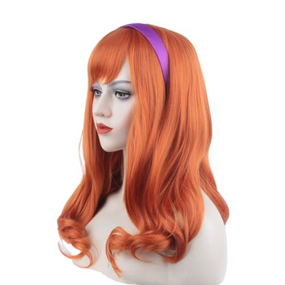 Long Curly Orange Daphne Wig Halloween Costume Party Wig for Adult (Free Purple Headband) - color: Orange