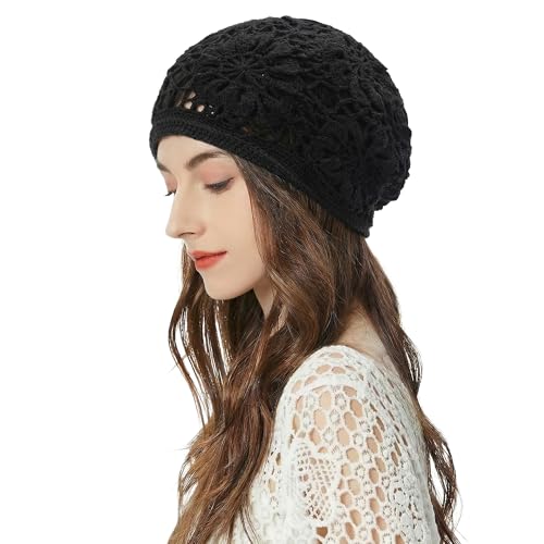ZLYC Women Cotton Crochet Slouchy Beanie Hat Handmade Knit Summer Skull Cap | Lightweight breathable,boho casual chic look,travel photos festival party,café commute daily wear,beach concert gathering - color: Black Knitted