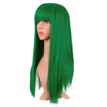 MapofBeauty 24 Inch Long Straight Flat Bangs Party Cosplay Wig, Grass Green | 60 cm Synthetic Hair Wig, Heat Resistant, Women - color: Grass Green