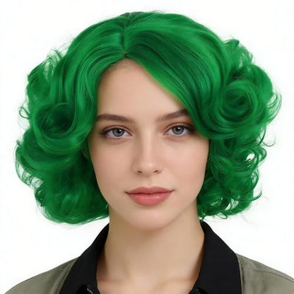 Short Curly Green Wigs For Women Cosplay St Patricks Day Costume Dress Up | Big Layered Wavy Synthetic Hair Halloween Costume Party Drag Queen Dress Up Dark Green Wig with Side Bangs Irish Queen Trendy - color: Green