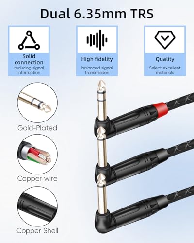 1/4" TRS to Dual TS Mono Insert Y Splitter Cable, Right Angle 1.8m | Right-angle 1/4" TRS stereo to dual TS mono Y-splitter for effects inserts.Gold-plated braided for Guitar,mixers,amps,pedals. - style: 90 6.35 TRS to 90 Dual 6.35 TS(5.9FT/1.8M)