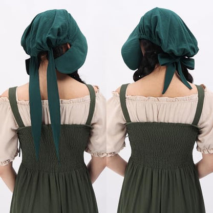 DAZCOS Renaissance Coif Cap Medieval Peasant Amish Hat Colonial Bonnet with Ties for Women for LARP - color: Green