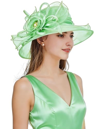 Women Derby Fascinator Hat Organza Church Wedding Hats Wide Brim Cocktail Tea Party Hat - color: 08 Mint Green