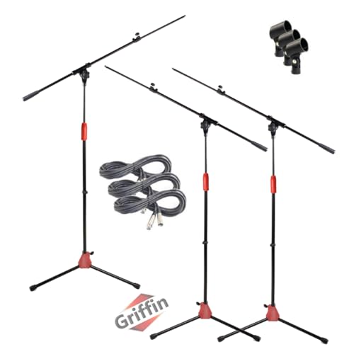 GRIFFIN 3 Pack Microphone Boom Stands (StageLOCK Series) with Mic XLR Cables & Clips – Telescoping Arms for Studio, Karaoke, Vocal Recording - size: 3 Pack