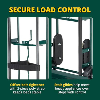 Harper Trucks 6781 Appliance Hand Truck, Dark Green | Appliance dolly with stair glides, securing strap and rubber wheels for delivery, moving, remodeling and HVAC installation