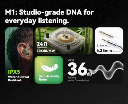 Tipsy M1 IEM, Bamboo Fiber Diaphragm in-Ear Monitor, Warm, Lively Bass & Vocals, 36dB Noise Isolation, Resin Shell, Detachable 0.78mm 2‑Pin Cable (No Mic, Blue) - color: Blue