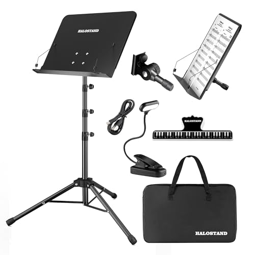 5 in 1 Dual-use Sheet Music Stand & Desktop Book Stand, Height Adjustable from 23.6-59 in, Folding Music Stand with Portable Carrying Bag, Sheet Music Folder & Rechargeable Music Stand Light - size: Music Stand + Book Light + Sheet Music Clip
