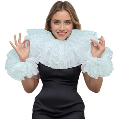 Renaissance Victorian Ruffle Collar and Wrist Cuffs Set Clown Neck Collar Layered Tulle Collar Cuffs - color: White