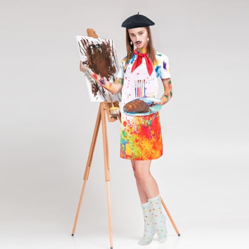 Kyson Artist Costume for Adult 8 Pcs Painter Halloween Dress Up with Beret Apron Palette Paint Brushes Earrings Bandana Beard - color: White Splatter Apron