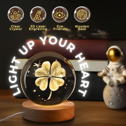 Flexzion 3D Clover Crystal Ball Night Light - LED Light Hologram Glass Lamp with Solid Wood Base, USB Powered Crystal Ball Lamp with Adjustable Brightness for Home Decor Display Gift, 2.4inch(60mm) | Clover Lamp with Solid Beech Wood Base and Adjustable B