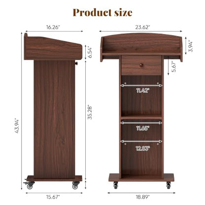 Portable Podium Stand with Metal Wheels Wooden Rolling Lectern Podiums Mobile Pulpit with Drawer Host Stand Reception Desk for Church Office Classroom Conference Restaurant, Brown - color: Brown