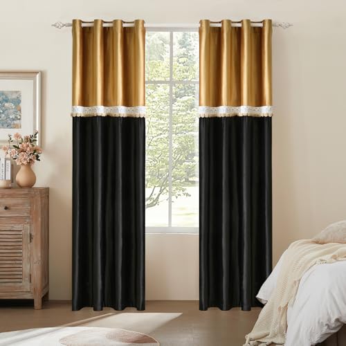GIGIZAZA Velvet Pom Curtains 96 Inch for Living Room 2 Panels Gold Black - color: Pom Pom/Gold+black, size: 52"W x 96"L (Pack of 2)