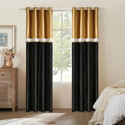 GIGIZAZA Velvet Pom Curtains 96 Inch for Living Room 2 Panels Gold Black - color: Pom Pom/Gold+black, size: 52"W x 96"L (Pack of 2)