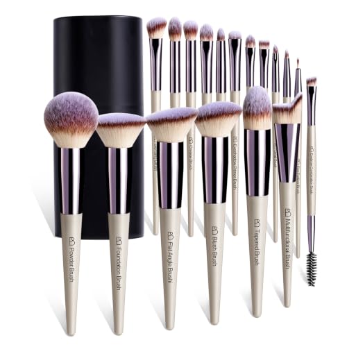 BS-MALL Makeup Brush Set 18 Pcs Professional Foundation Powder Concealers Eyeshadow Blush Synthetic Makeup Brushes with Labeled instruction Black Case Upgraded Version - color: A-Champagne