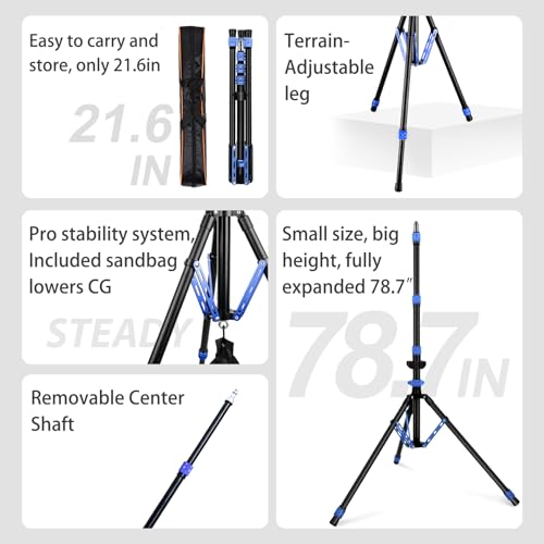 Light Stand Photography, 6.5ft/200cm Removable Center Column Tripod Stand | 2-in-1 Portable Aluminum Tripod Light Stand with Storage Bag & Sandbag, for Video Lighting, Flash, Strobe, Softbox - color: Sapphire Blue