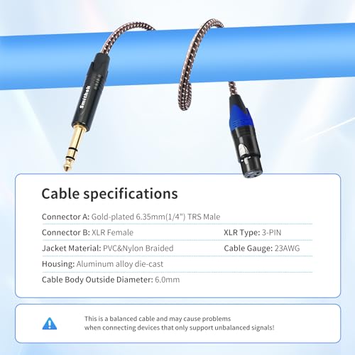 Smithok 1/4 to XLR Cable,Heavy Duty Nylon Braided,Gold Plated Plug,Balanced 1/4" TRS (Quarter Inch 6.35mm) to 3pin XLR Female Patch Cable, Microphone Cable, for Speaker,Mixer-10ft(3M) - size: 1 Pack 10.0 ft
