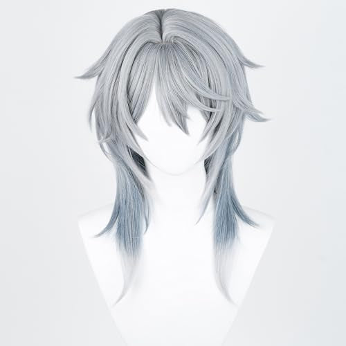 Anime Gray Blue Wig Fantasy Western Priest, Angel Style Halloween | Men Long Straight Wig Layered Haircut Christmas,Comic con Heat Resistant Fiber Wig Breathable Rose Mesh Inner Free Cap - color: Gray