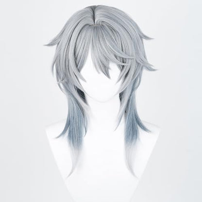 Anime Gray Blue Wig Fantasy Western Priest, Angel Style Halloween | Men Long Straight Wig Layered Haircut Christmas,Comic con Heat Resistant Fiber Wig Breathable Rose Mesh Inner Free Cap - color: Gray