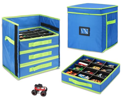 Monster Truck Storage Organizer, 4-Layer Trucks Storage Box with 48 Compartments,Fits 1:64 Monster Trucks, Toy Trucks & More – Foldable Toy Organizer with Drawers (Blue) - color: Blue