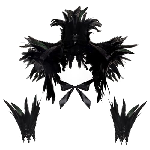 2Pcs Witch Feather Shawl Wrist Cuff for Women | Gothic Crow Shrug Shawl, for Halloween, Feather Costume Accessories - color: Black