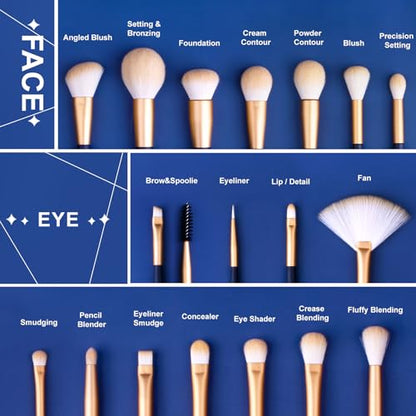 LORYP Makeup Brushes Set Labeled 18 Piece Face and Eye Brush Set Ultra soft hair Foundation, Concealer, Blush, Contour, Blending, Eyeshadow Blue Brush kit - color: Blue