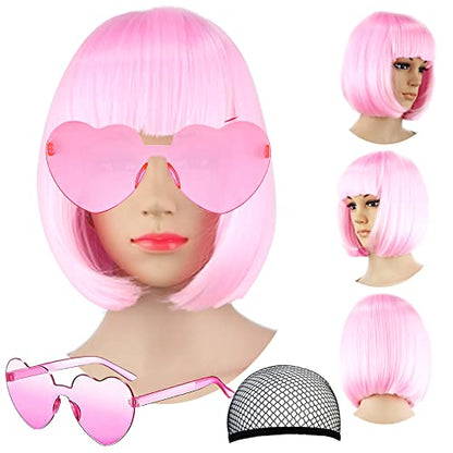 LIULIUBTY Short Bob Hair Wigs Straight with Flat Bangs Synthetic Colorful Cosplay Daily Party Neon Wig for Women + Free Wig Cap 12" Natural As Real (Cute Pink) - color: Cute Pink
