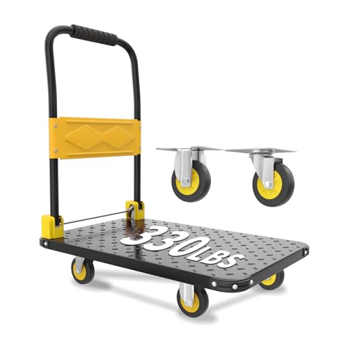 Foldable Push Cart Dolly, 330lbs Flat Bed Carts with Wheels & Anti-Collision Strips, Heavy Duty Platform Truck for Household Tasks, Moving, 360° TPR Mute Wheels, Easy Maneuver, Black Yellow