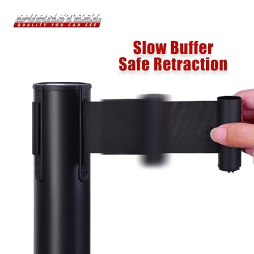 DuraSteel Black Crowd Control Barriers Stanchions with Retractable Belts - Metal Stanchion Posts w/ 6.5ft Black Retractable Barrier Belt Ropes - Queue VIP Safety Line Dividers - Set of 6 Stantions - color: Black Belt, style: Black Stanchion 6 Pcs Set