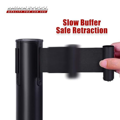 DuraSteel Crowd Control Barriers Stanchions with Retractable Belts & Sign Holder - Metal Stanchion Posts w/ 6.5ft Black Retractable Barrier Belt Ropes - Queue VIP Safety Line Dividers - Set of 6 Poles - color: Black Belt, style: Black Stanchion 6 Pcs + 1