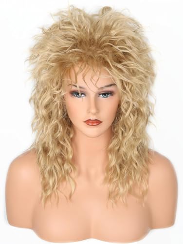 80s Rock Diva Wig Blonde Brown Fluffy Big Roll Mullet Wigs for Man or Woman Halloween Party Costume Cosplay Wig - color: Blonde/Brown