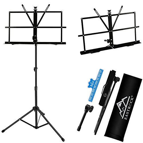 EASTROCK Foldable Sheet Music Stand, 28"-54" Adjustable Height | Lightweight Metal, 2-in-1 Desktop and Floor Stand, with Carrying Bag and Clips, for Piano, Violin, Students, Musician