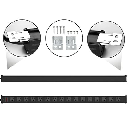 QBA 16 Outlet Metal Power Strip, Long Power Strip with 10FT Extension Cord, Wall Mount Heavy Duty Power Strip for Home Office Garage Warkshop, ETL Certified, Black