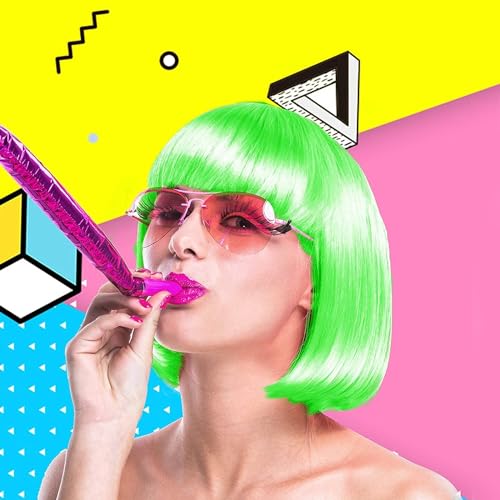 LIULIUBTY Short Bob Hair Wigs Straight with Flat Bangs Synthetic Colorful Cosplay Daily Party Neon Wig for Women with Wig Cap 12" Natural As Real (Bright,Green) - color: Bob,Black