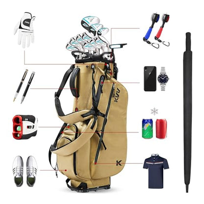 KVV Lightweight Golf Stand Bag with 7 Way Full-Length Dividers, 5 Zippered Pockets, Automatically Adjustable Dual Straps，Elegant Design - color: Khaki