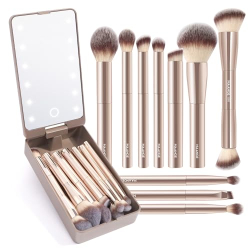 MAANGE Makeup Brush Set 10 Pcs Travel Makeup Brushes Double-ended Kabuki Brush for Foundation Powder Concealers Eye Shadows Makeup Tools Set with LED Light Mirror (Gold) - color: Gold