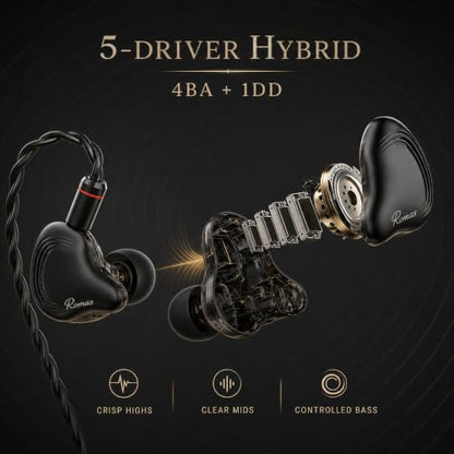 Rosmas SM10 Pro USB C Wired IEM Earbuds with Mic, Detachable 2-Pin Cable, 4BA+1DD Hybrid in-Ear Headphones, Secure Over-Ear Fit for Phone, Tablet and PC,Black - color: Black